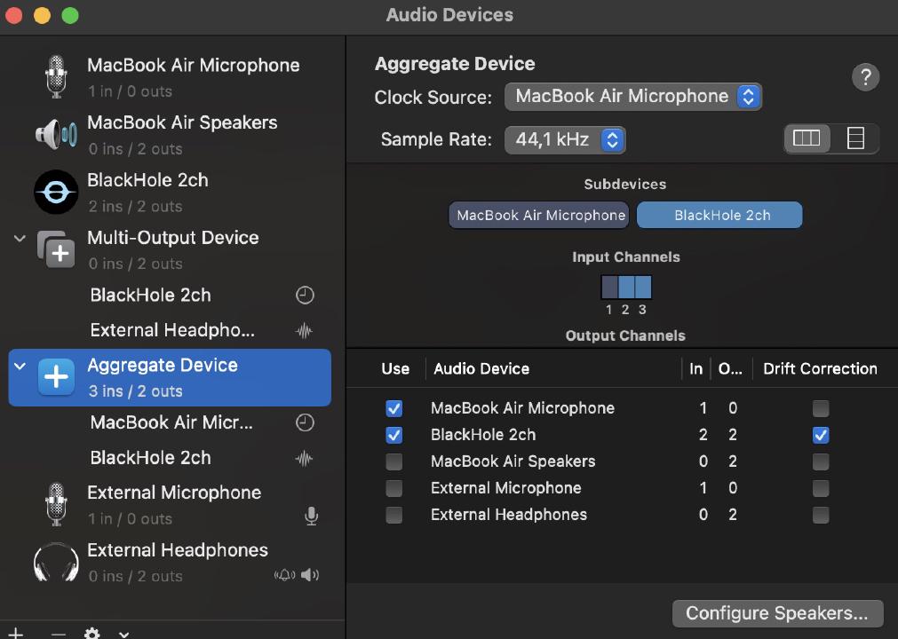 Screenshot MacOS Audio MIDI Setup with Blackhole